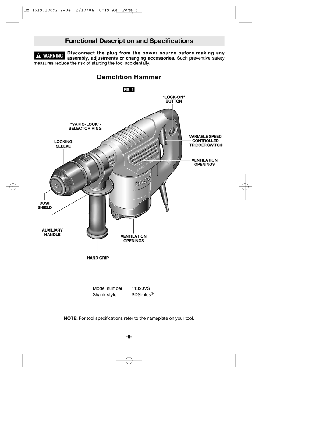 Bosch Power Tools 11320VS manual Functional Description and Specifications, Demolition Hammer 