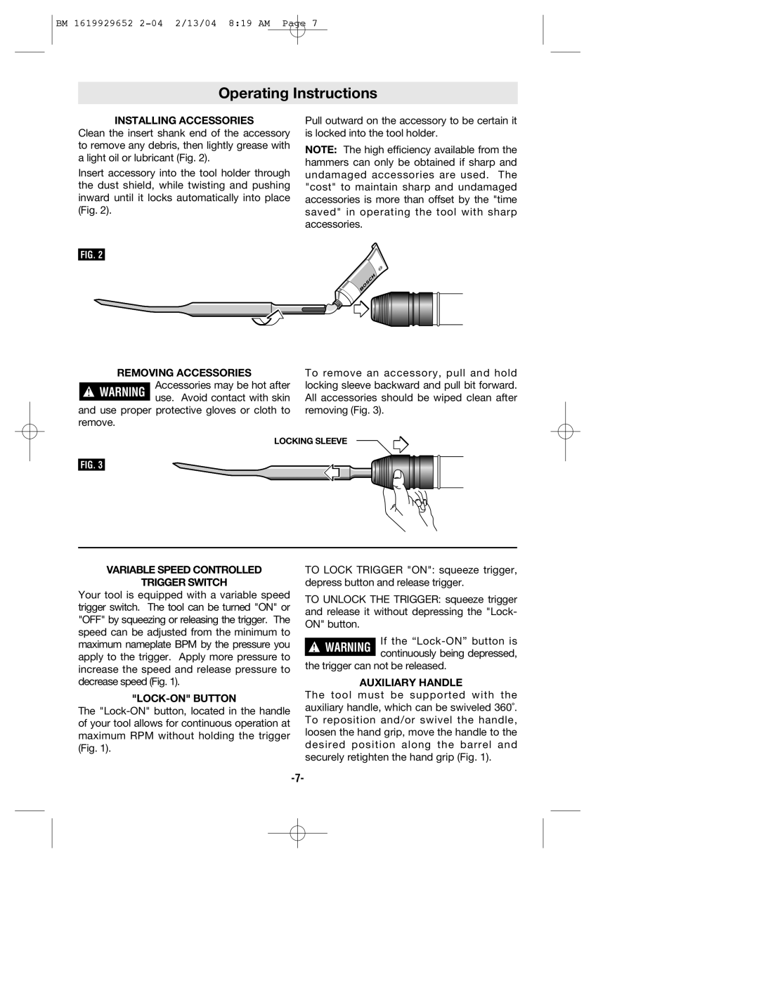 Bosch Power Tools 11320VS manual Operating Instructions, Installing Accessories 