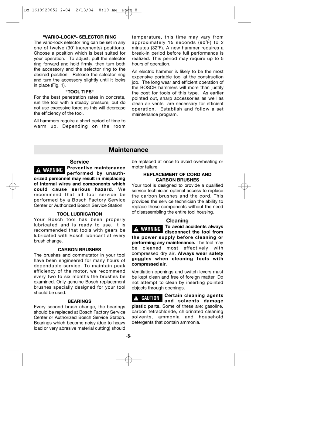 Bosch Power Tools 11320VS manual Maintenance, VARIO-LOCK- Selector Ring 