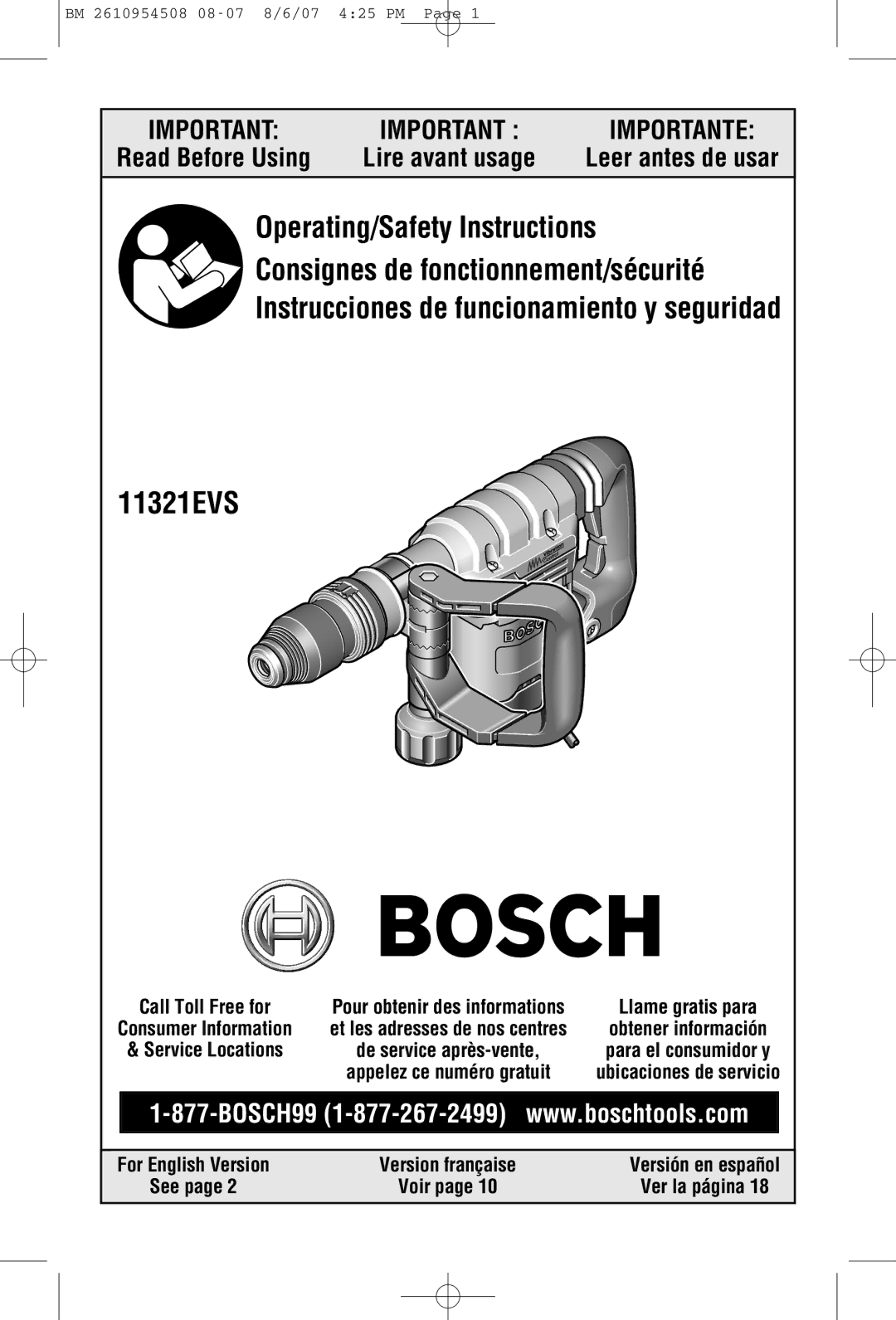 Bosch Power Tools 11321EVS manual Read Before Using 