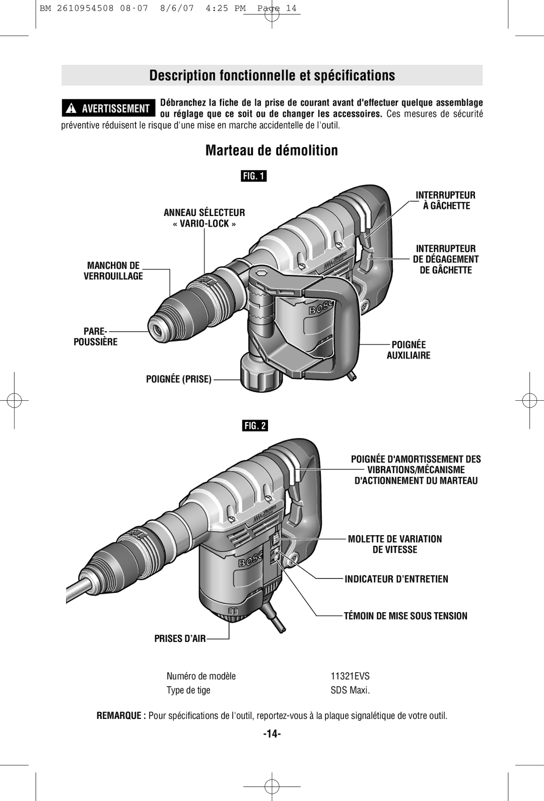 Bosch Power Tools 11321EVS manual Description fonctionnelle et spécifications, Marteau de démolition 