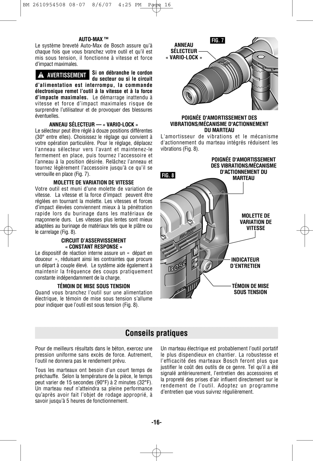 Bosch Power Tools 11321EVS manual Conseils pratiques, Anneau Sélecteur « VARIO-LOCK », Molette DE Variation DE Vitesse 