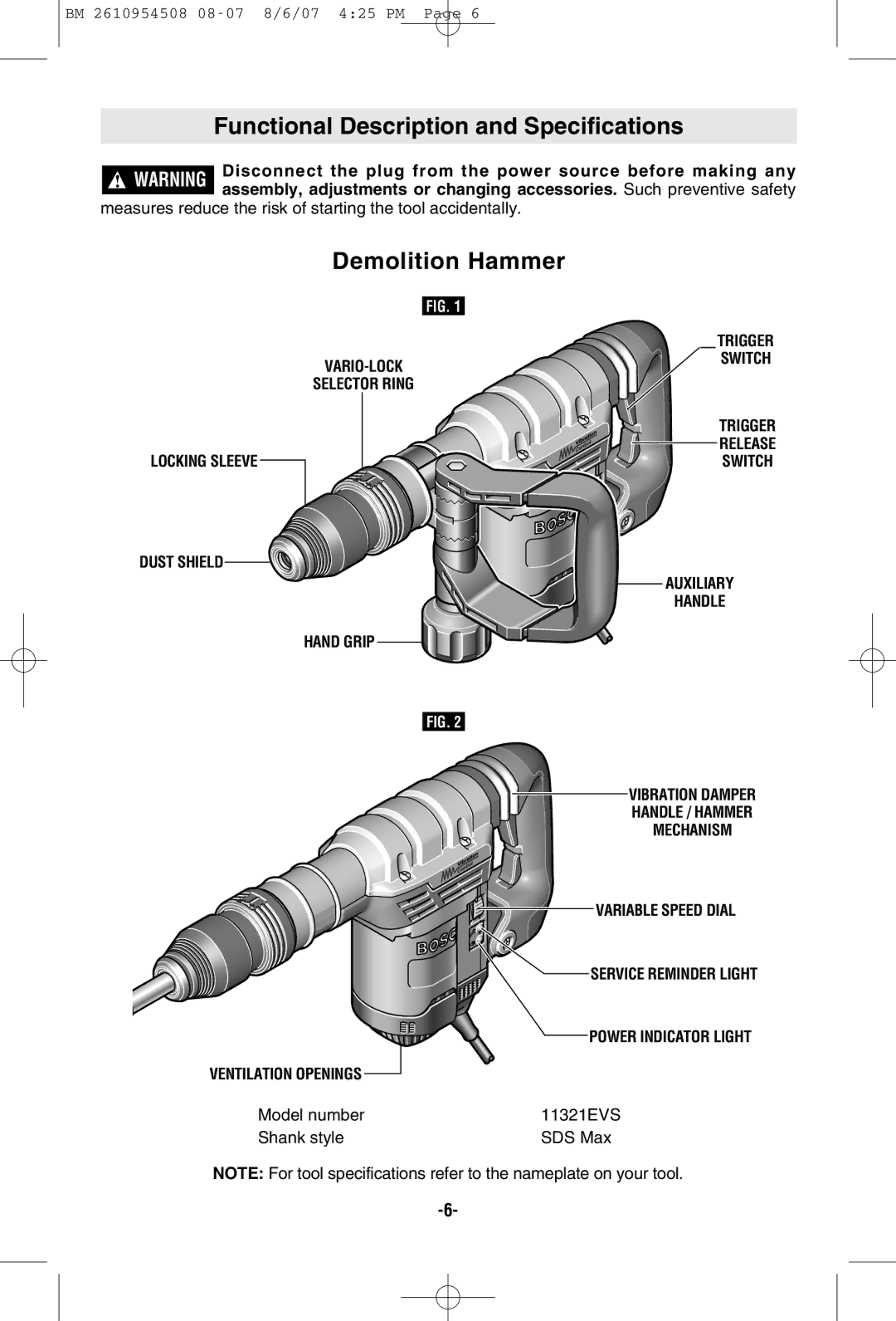 Bosch Power Tools 11321EVS manual Functional Description and Specifications, Demolition Hammer, Locking Sleeve, Dust Shield 