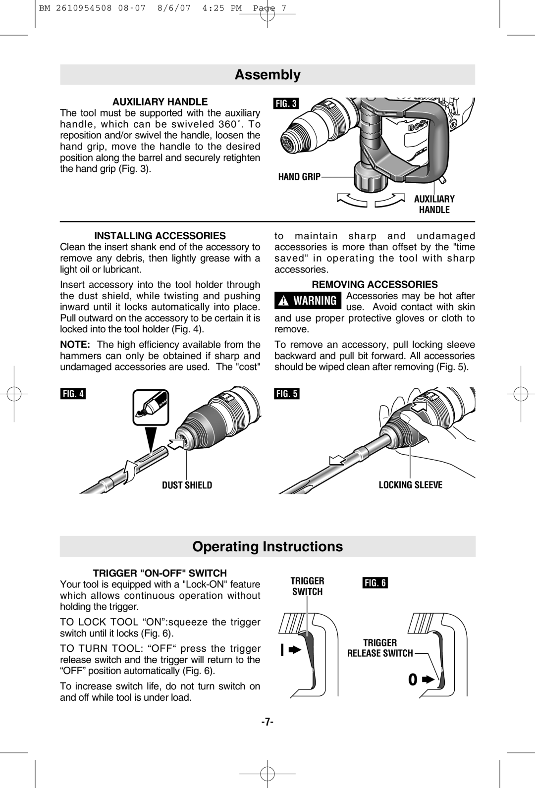 Bosch Power Tools 11321EVS manual Assembly, Operating Instructions 