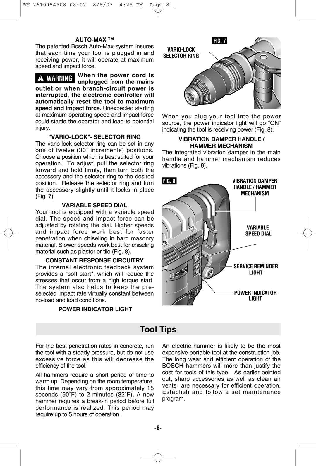 Bosch Power Tools 11321EVS manual Tool Tips 