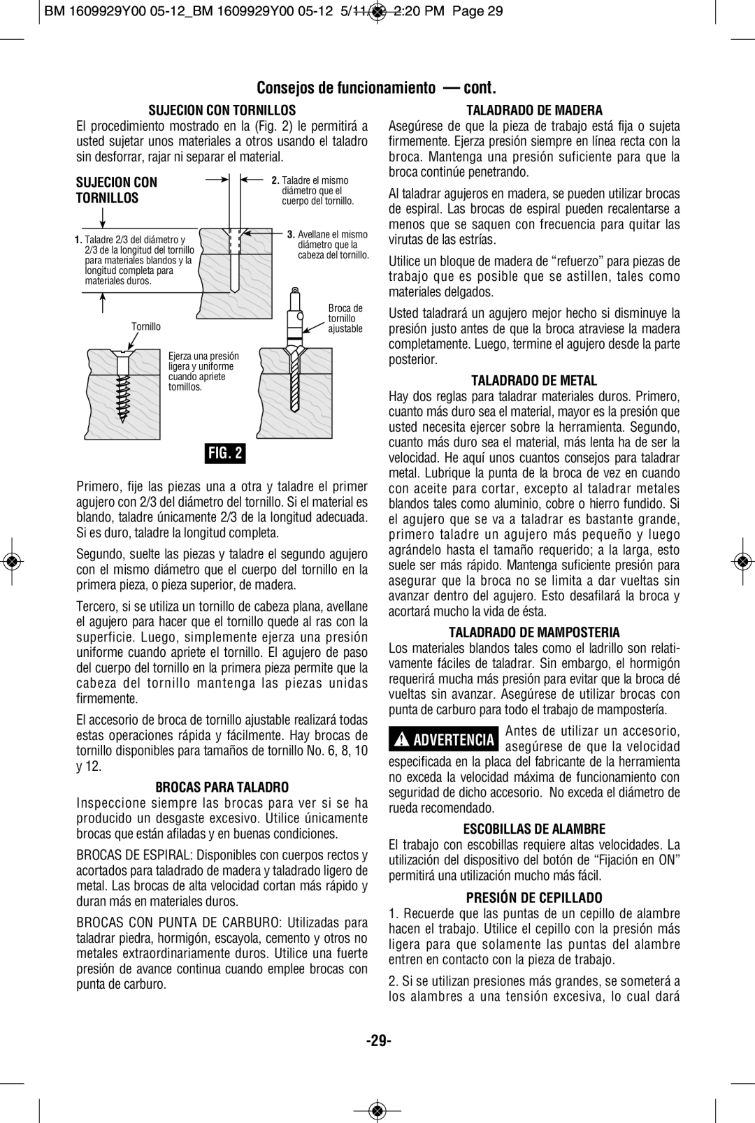 Bosch Power Tools 1132VSR manual Sujecion CON Tornillos, Taladrado DE Madera, Brocas Para Taladro, Taladrado DE Metal 