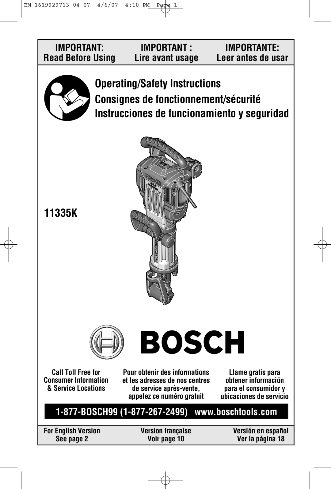 Bosch Power Tools 11335K manual Read Before Using 