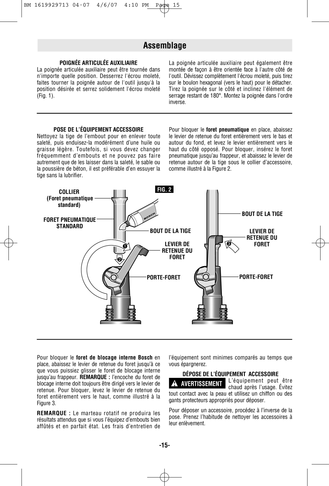 Bosch Power Tools 11335K manual Assemblage, Poignée Articulée Auxiliaire, Pose DE L’ÉQUIPEMENT Accessoire, Porte-Foret 