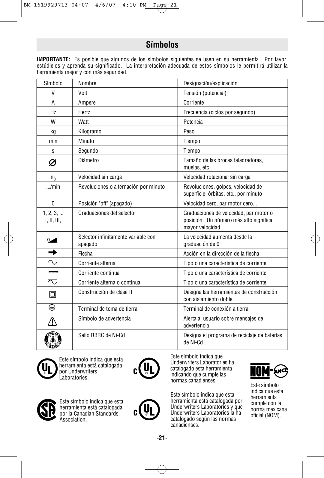 Bosch Power Tools 11335K manual Símbolos, De Ni-Cd 