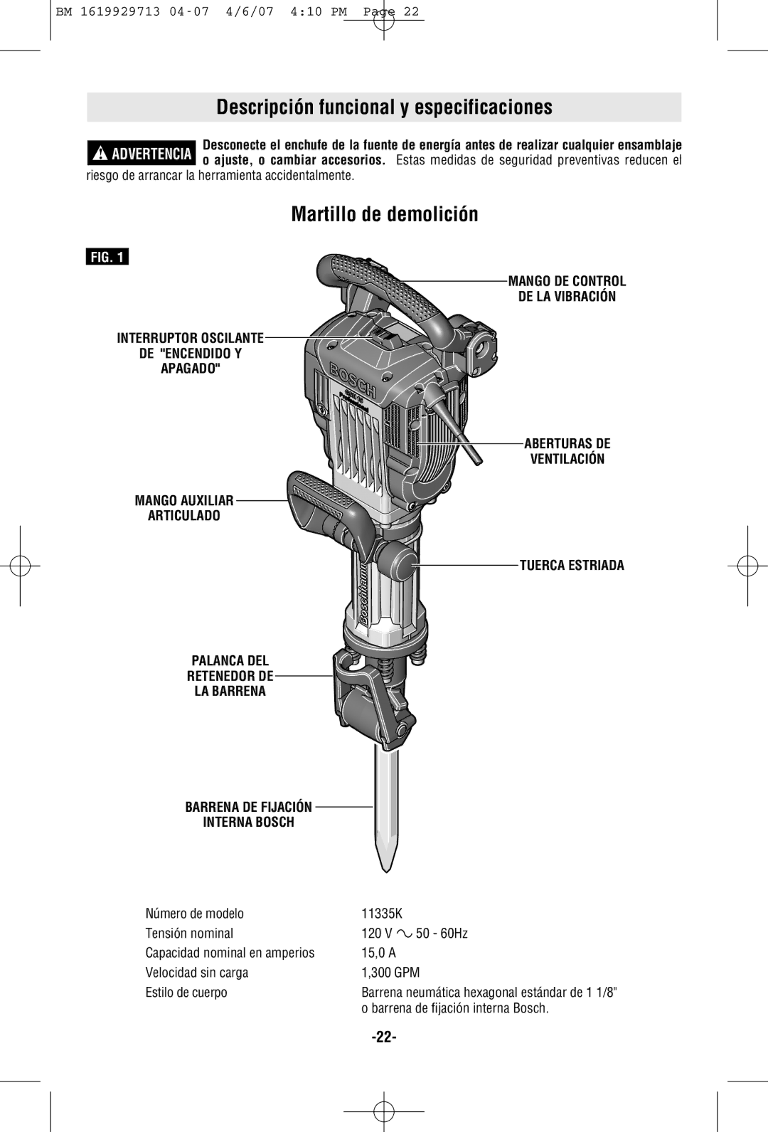 Bosch Power Tools 11335K manual Descripción funcional y especificaciones, Martillo de demolición 