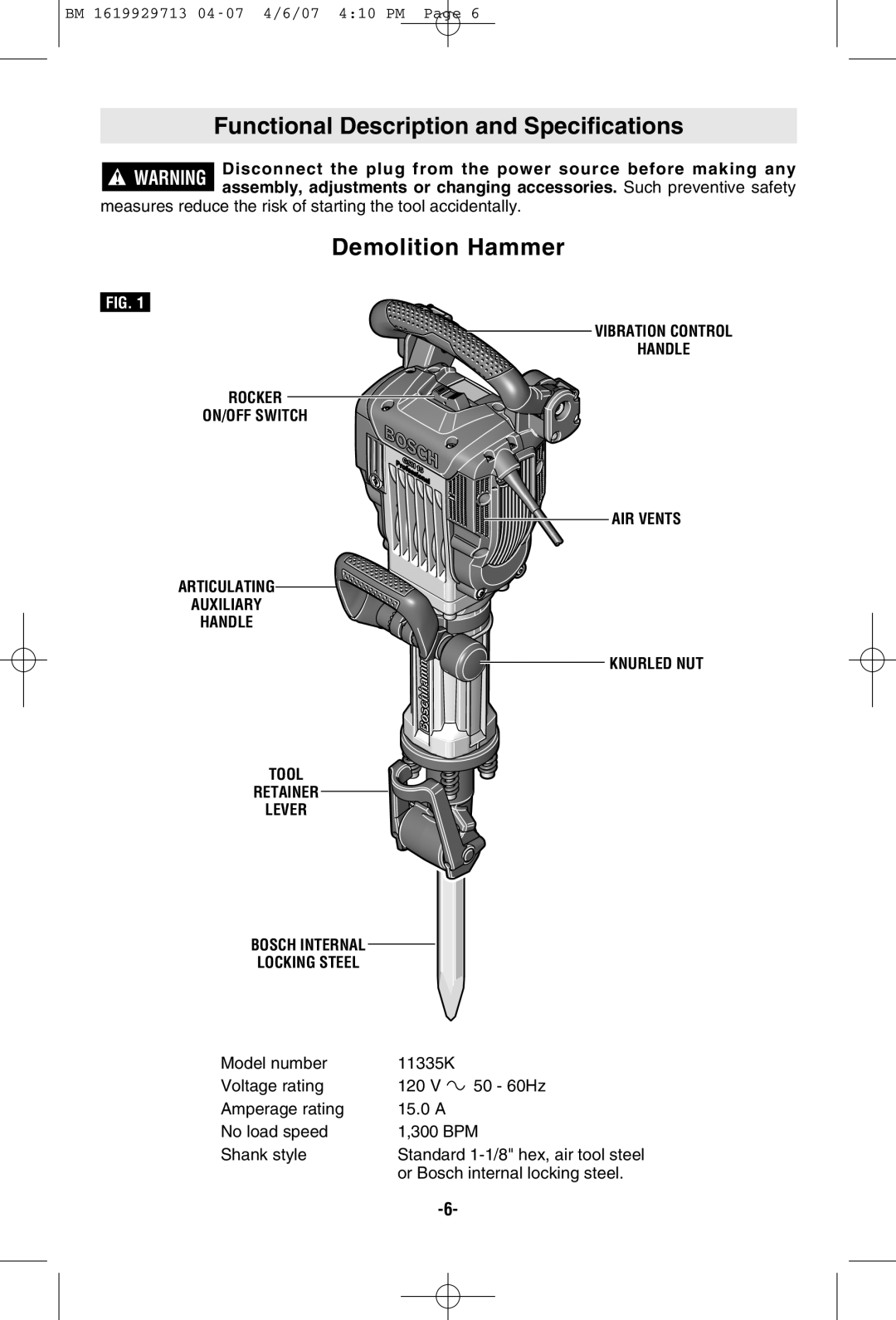 Bosch Power Tools 11335K manual Functional Description and Specifications, Demolition Hammer 