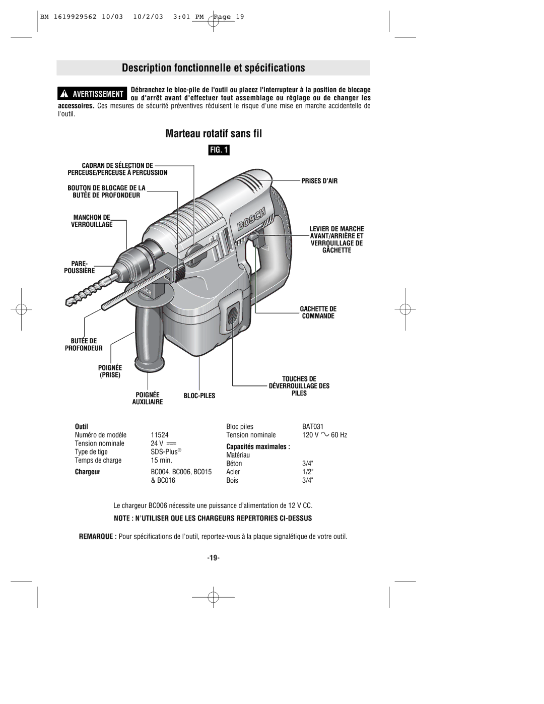 Bosch Power Tools 11524 manual Description fonctionnelle et spécifications, Marteau rotatif sans fil, BC016 