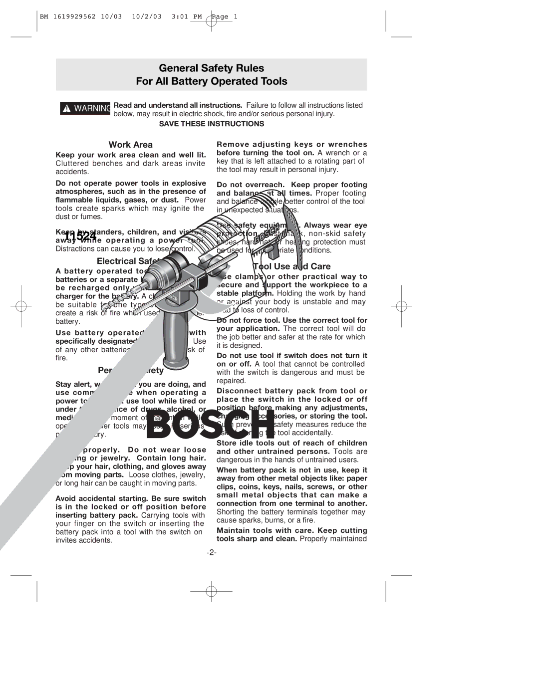 Bosch Power Tools 11524 manual General Safety Rules, For All Battery Operated Tools 