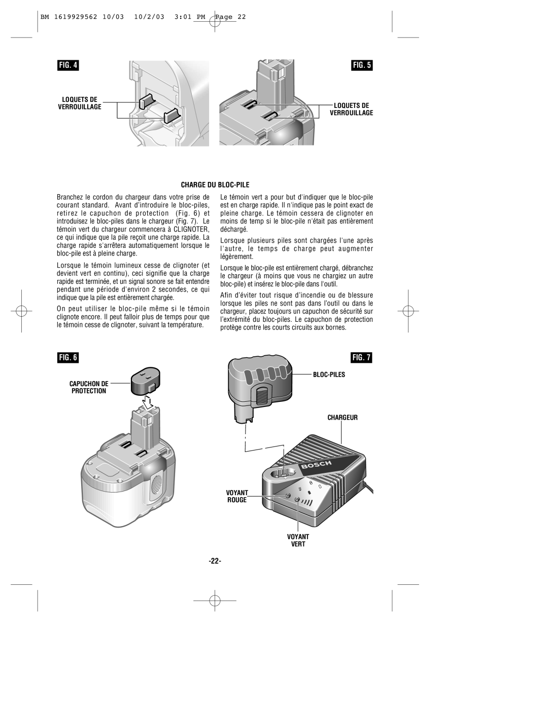 Bosch Power Tools 11524 manual Charge DU BLOC-PILE 