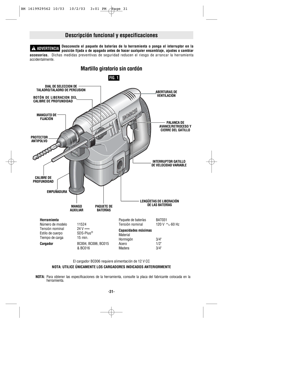 Bosch Power Tools 11524 manual Descripción funcional y especificaciones, Martillo giratorio sin cordón 