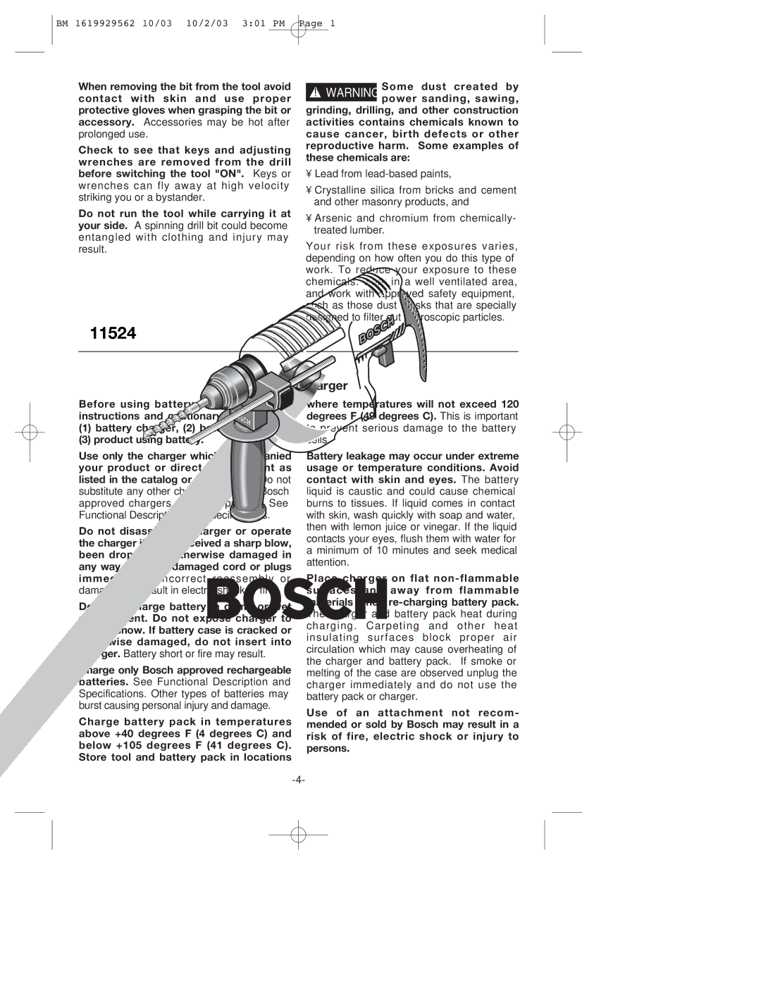 Bosch Power Tools 11524 manual Battery/Charger 