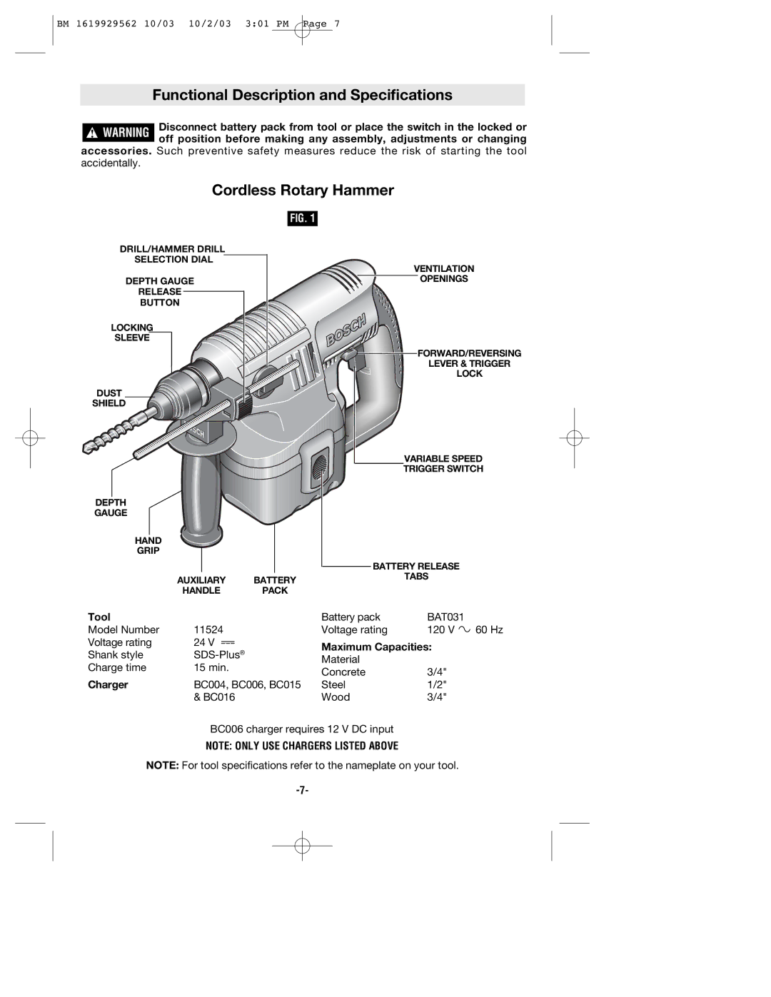 Bosch Power Tools 11524 manual Functional Description and Specifications, Cordless Rotary Hammer 