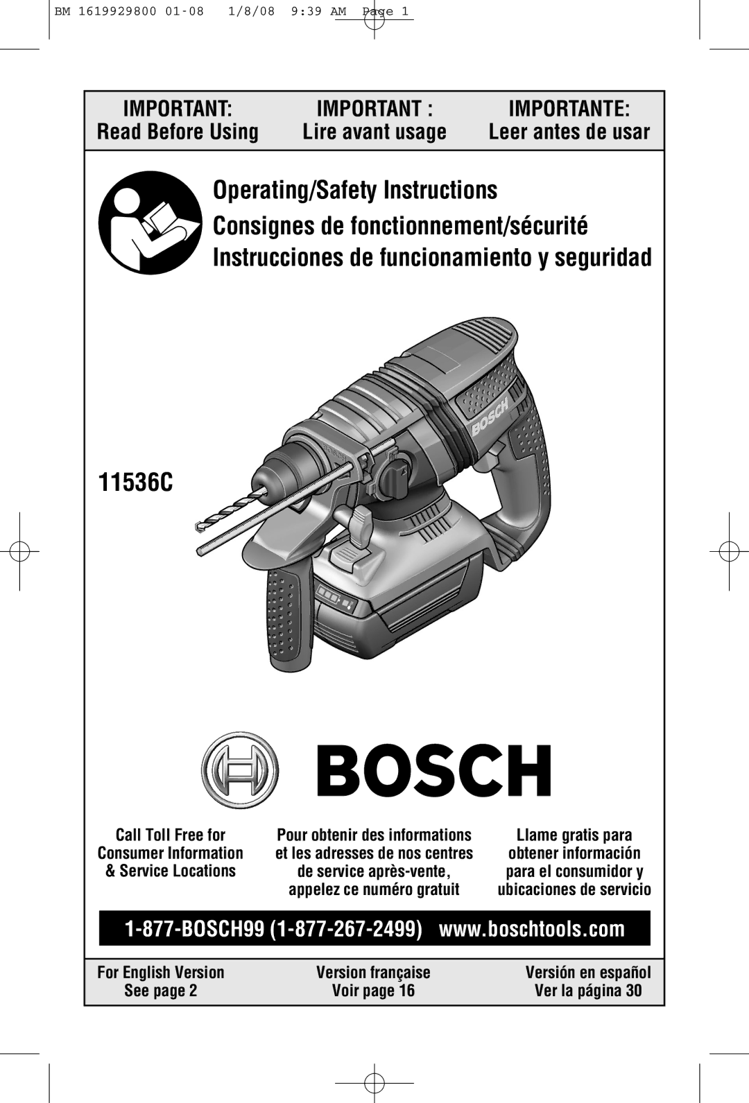 Bosch Power Tools 11536C-2, 11536C-1 manual For English Version Version française, Ver la página 