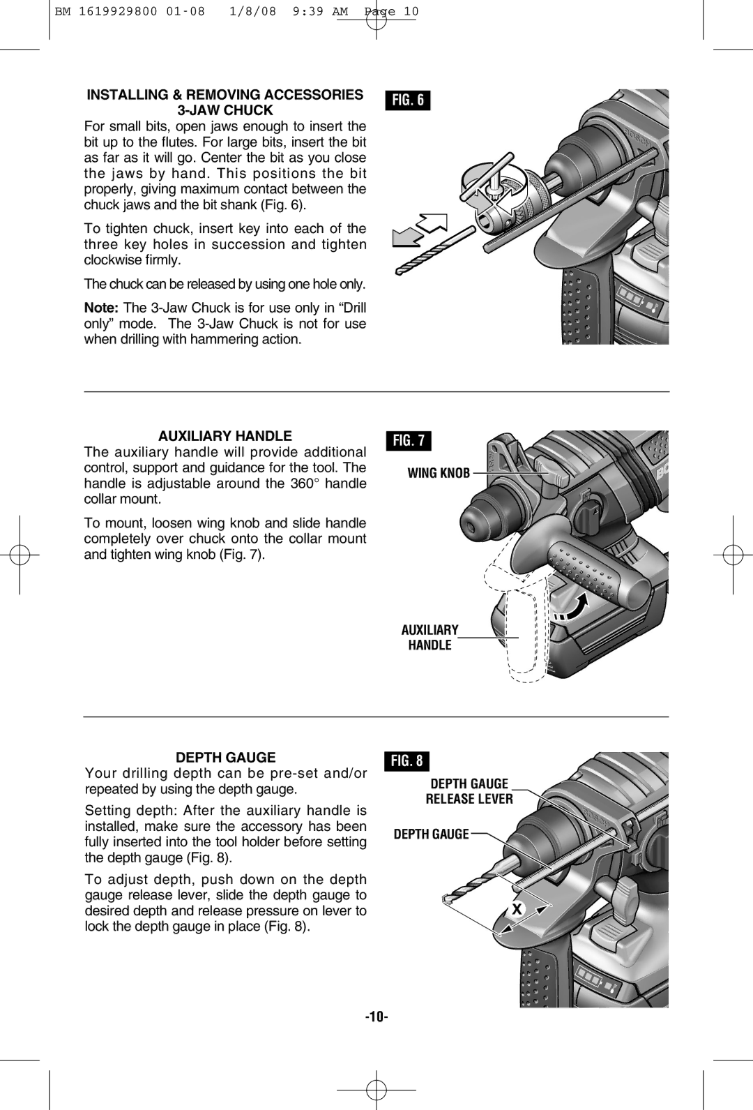 Bosch Power Tools 11536C-2 manual Installing & Removing Accessories JAW Chuck, Auxiliary Handle, Depth Gauge Release Lever 