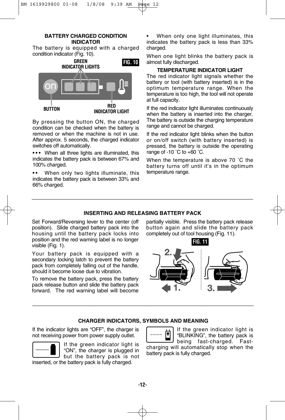 Bosch Power Tools 11536C-2, 11536C-1 manual Battery Charged Condition Indicator, Green, Red, Temperature Indicator Light 