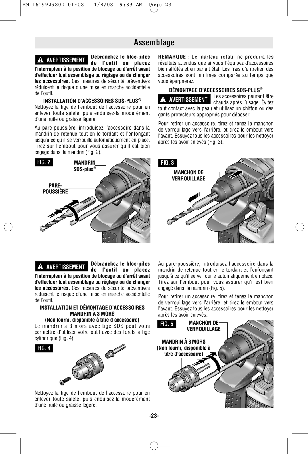 Bosch Power Tools 11536C-1, 11536C-2 manual Assemblage, Pare Poussière, Mandrin À 3 Mors, Manchon DE Verrouillage 