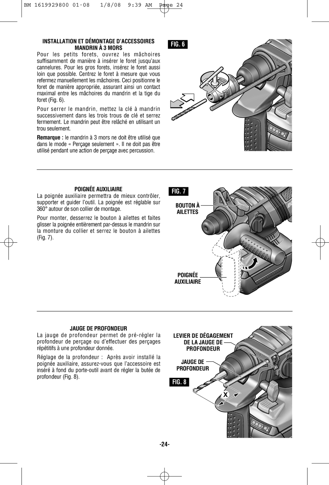 Bosch Power Tools 11536C manual Poignée Auxiliaire Jauge DE Profondeur, Levier DE Dégagement DE LA Jauge DE Profondeur 