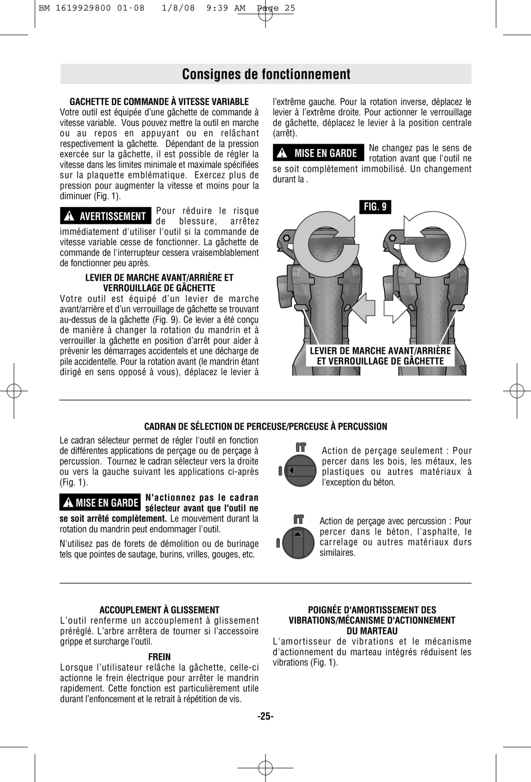 Bosch Power Tools 11536C-2 Consignes de fonctionnement, Levier DE Marche AVANT/ARRIÈRE ET Verrouillage DE Gâchette, Frein 