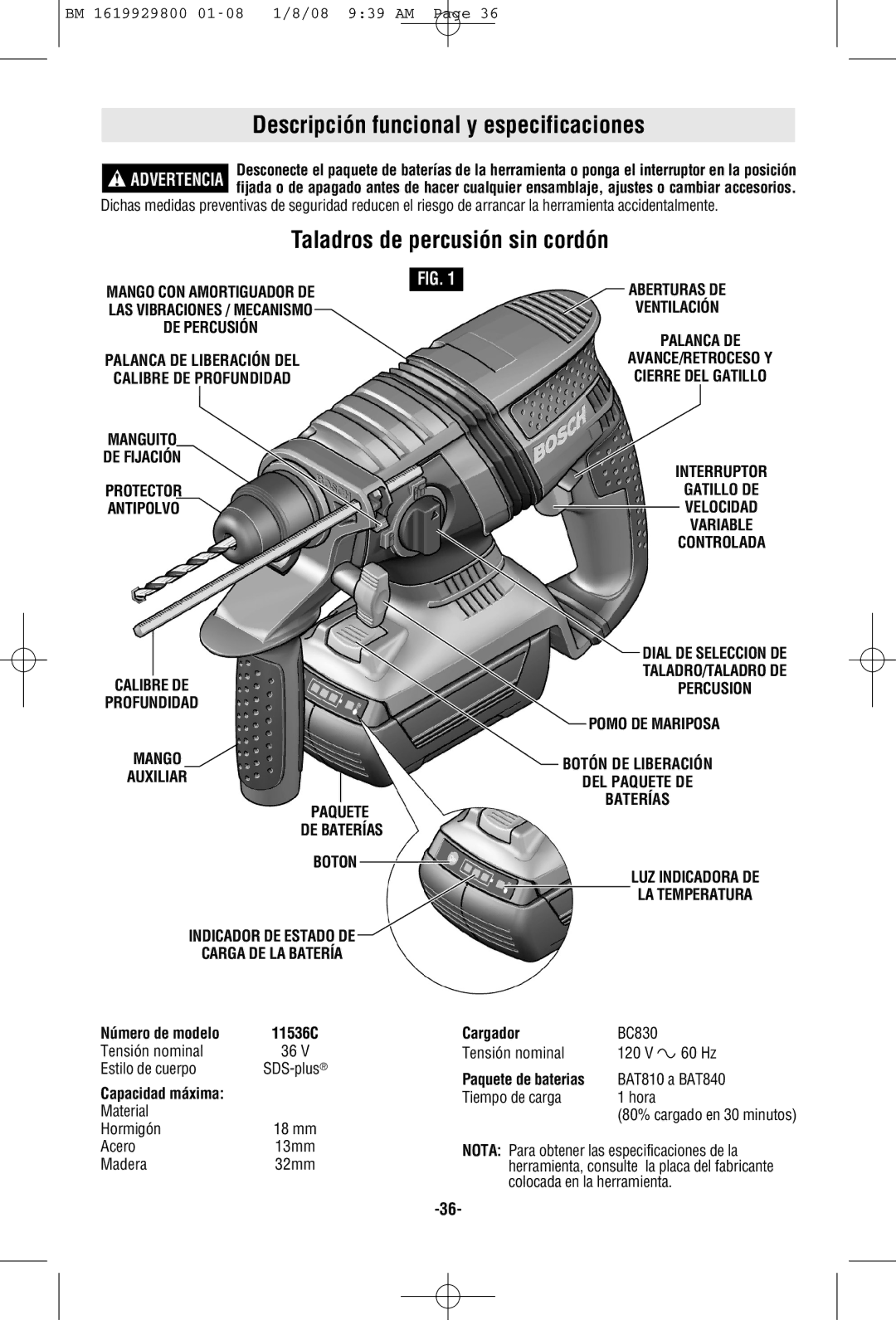 Bosch Power Tools 11536C Descripción funcional y especificaciones, Taladros de percusión sin cordón, Número de modelo 