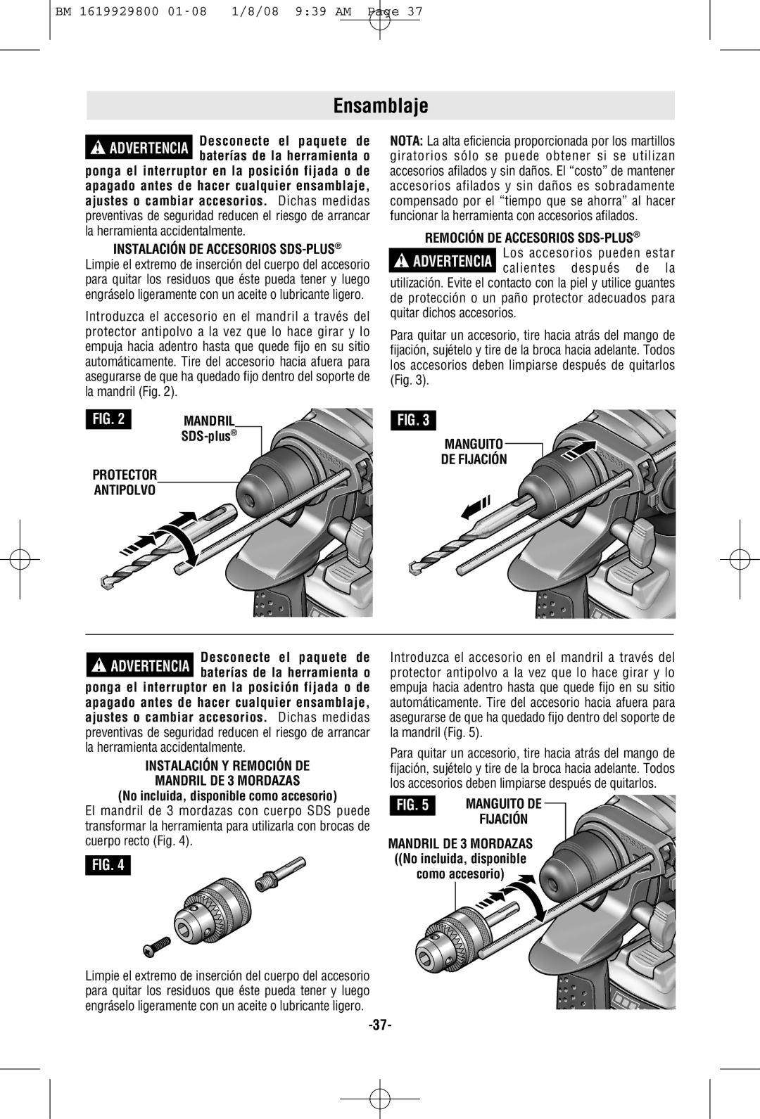 Bosch Power Tools 11536C-2 manual Ensamblaje, Protector Antipolvo, Remoción DE Accesorios SDS-PLUS, Manguito DE Fijación 