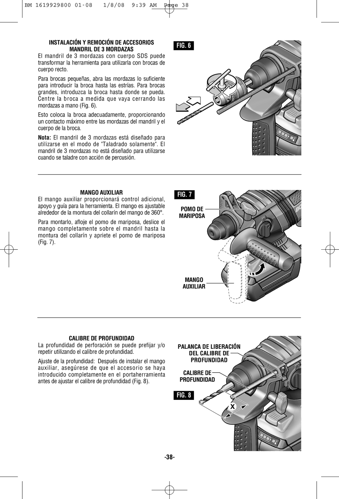 Bosch Power Tools 11536C-1, 11536C-2 manual Pomo DE Mariposa Mango Auxiliar Calibre DE Profundidad 