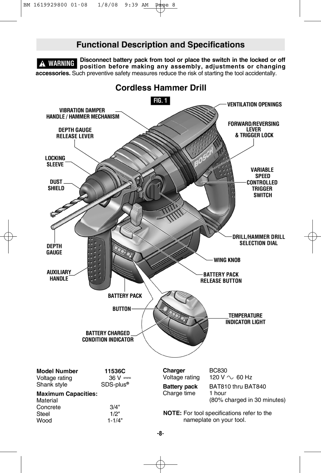 Bosch Power Tools 11536C-1, 11536C-2 manual Functional Description and Specifications, Cordless Hammer Drill 