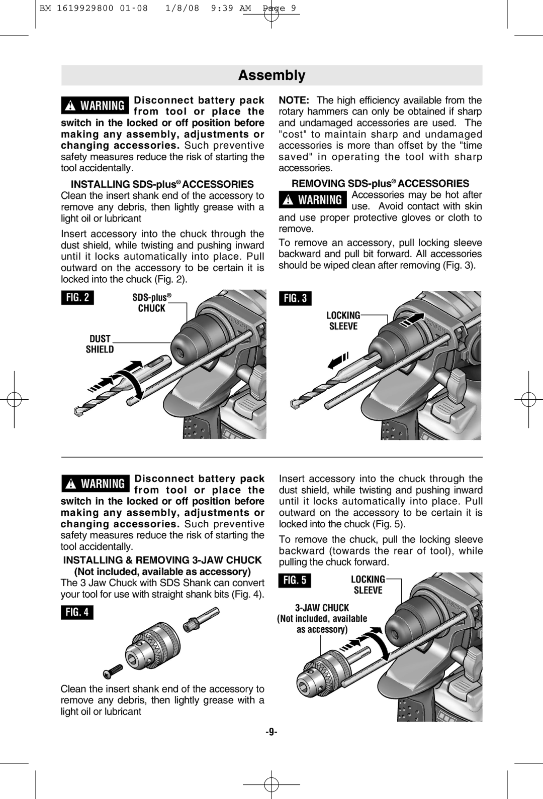 Bosch Power Tools 11536C-2, 11536C-1 manual Assembly, Dust Shield, Installing & Removing 3-JAW Chuck 