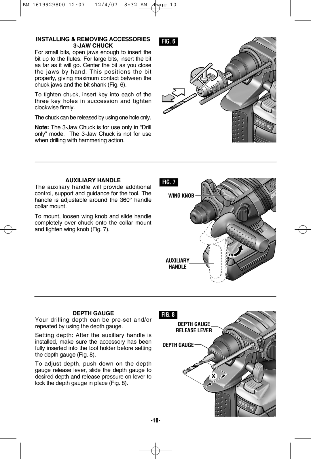 Bosch Power Tools 11536C manual Installing & Removing Accessories JAW Chuck, Auxiliary Handle, Depth Gauge Release Lever 