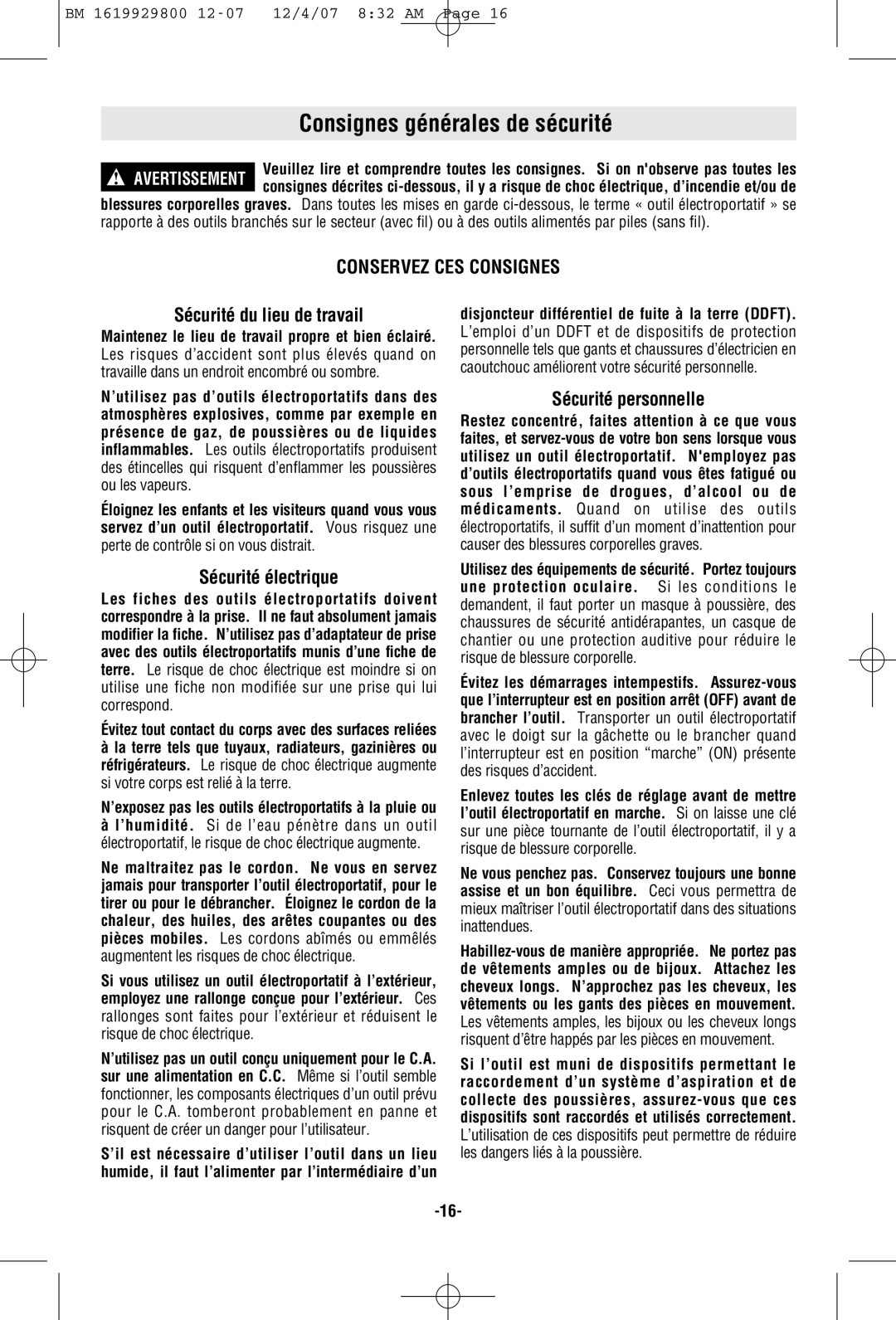 Bosch Power Tools 11536C manual Consignes générales de sécurité, Sécurité du lieu de travail, Sécurité électrique 