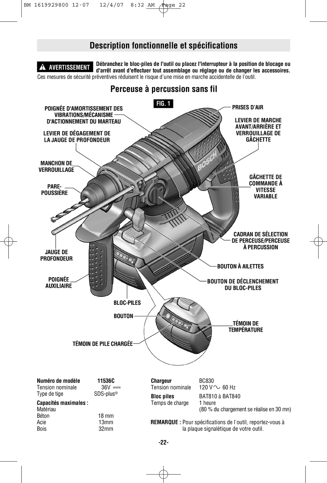 Bosch Power Tools 11536C Description fonctionnelle et spécifications, Perceuse à percussion sans fil, Numéro de modèle 