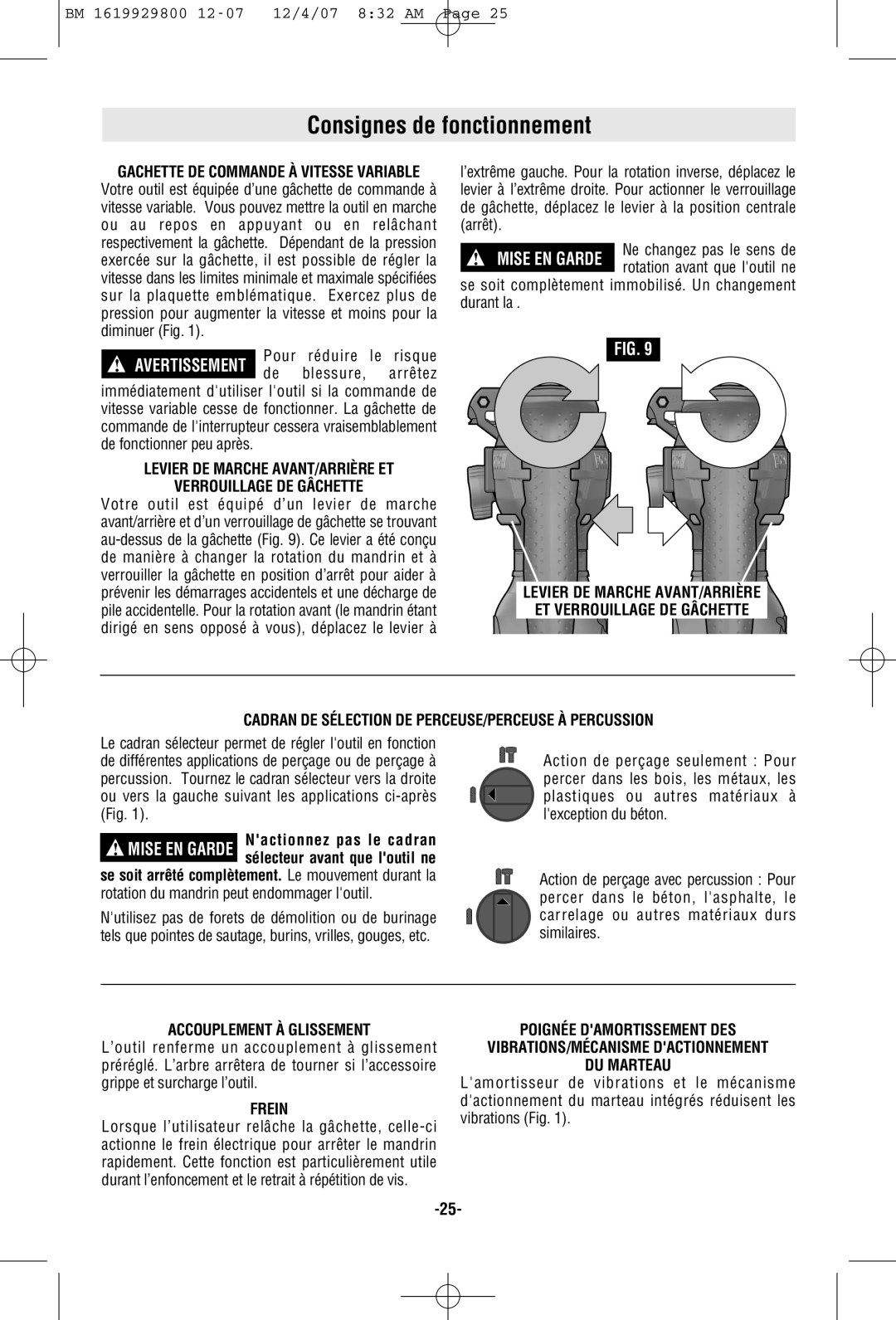 Bosch Power Tools 11536C Consignes de fonctionnement, Levier DE Marche AVANT/ARRIÈRE ET Verrouillage DE Gâchette, Frein 