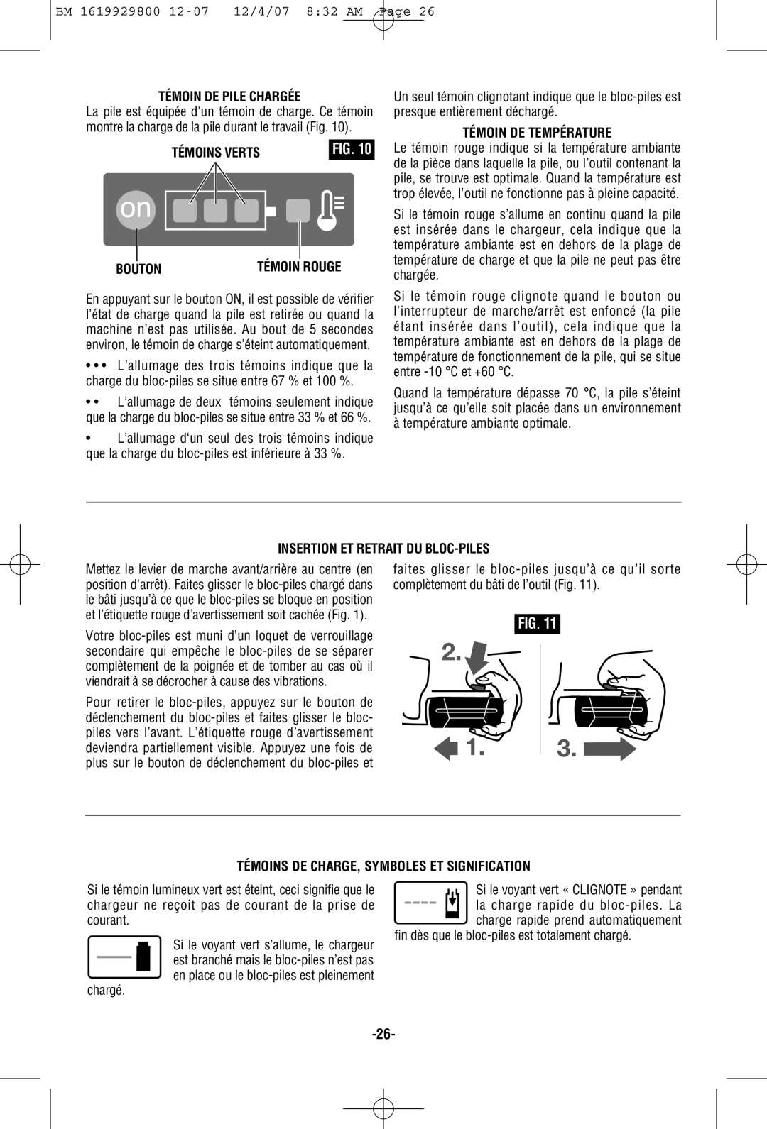 Bosch Power Tools 11536C manual Témoin DE Température, Insertion ET Retrait DU BLOC-PILES, Chargé 