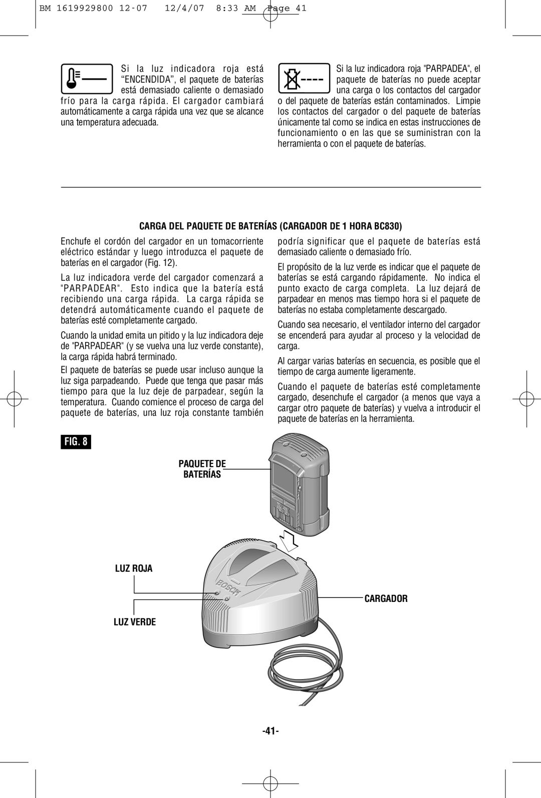 Bosch Power Tools 11536C manual Carga DEL Paquete DE Baterías Cargador DE 1 Hora BC830 