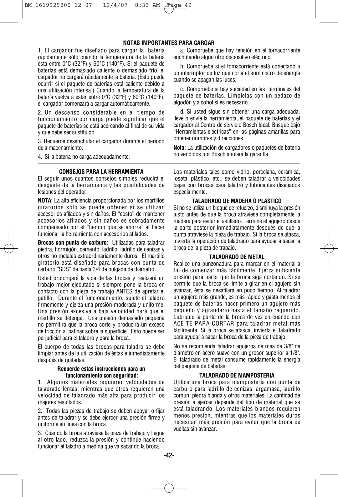 Bosch Power Tools 11536C manual Notas Importantes Para Cargar, Consejos Para LA Herramienta, Taladrado DE Madera O Plastico 