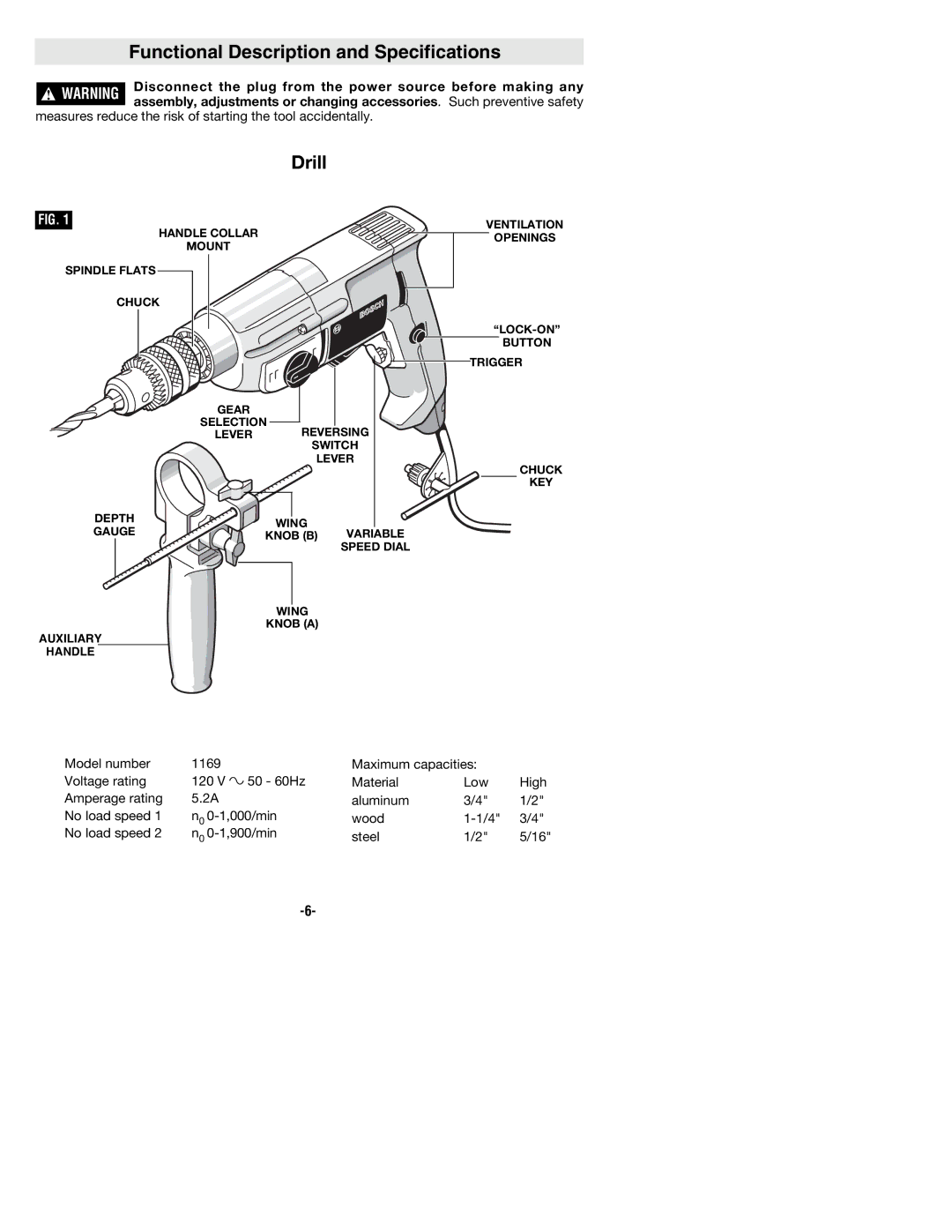 Bosch Power Tools 1169VSR manual Functional Description and Specifications, Drill, Variable, Speed Dial 