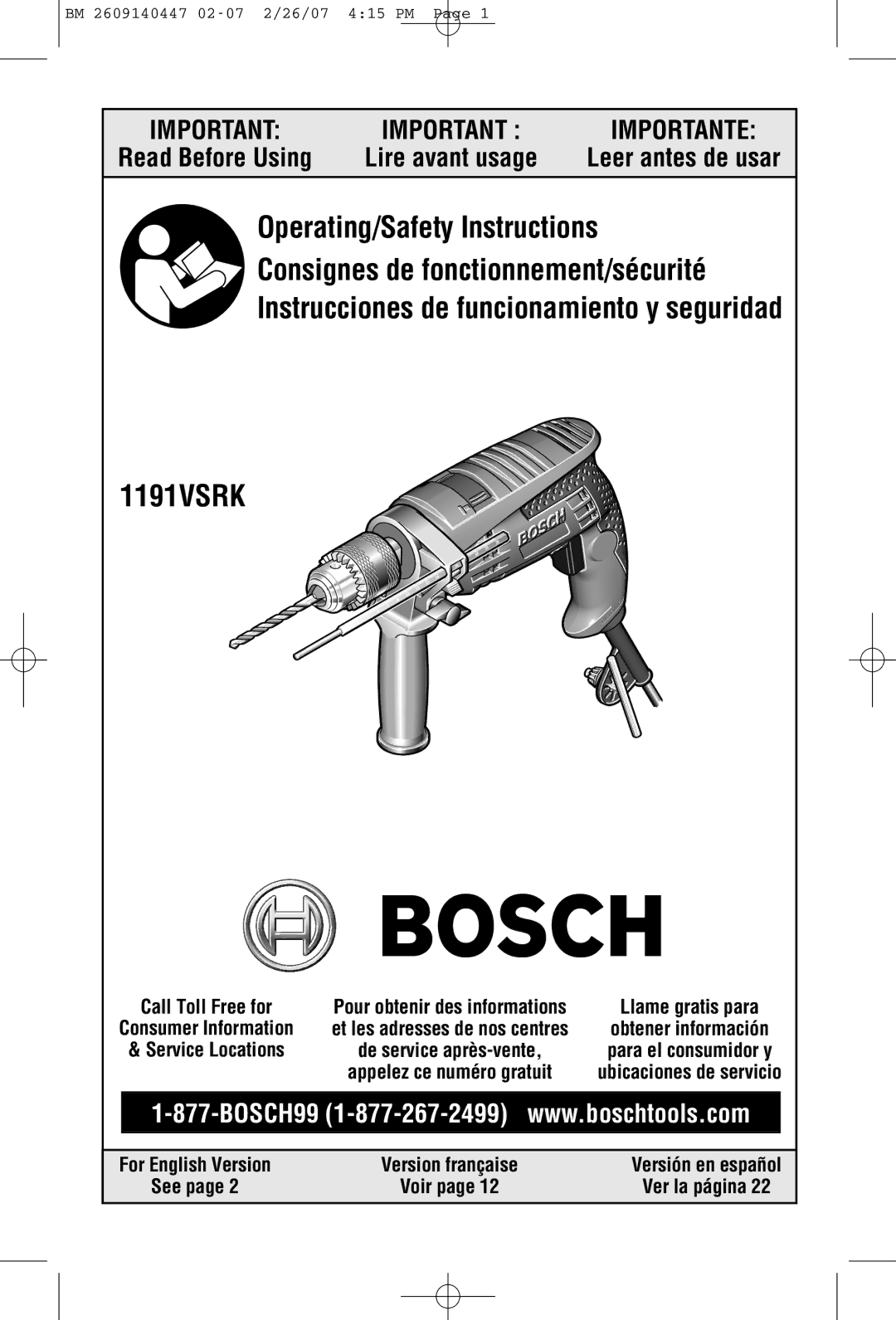 Bosch Power Tools 1191VSRK manual Read Before Using 