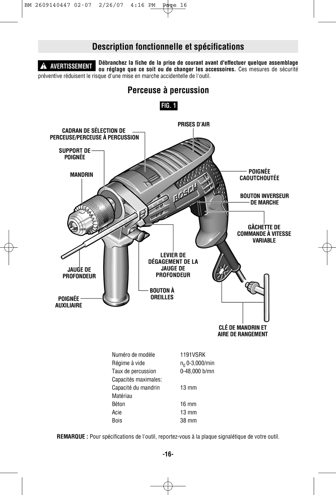 Bosch Power Tools 1191VSRK manual Description fonctionnelle et spécifications, Perceuse à percussion, Mandrin 