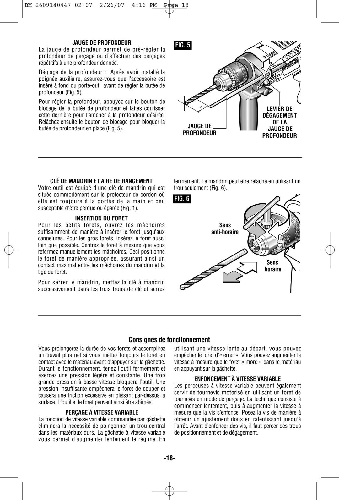 Bosch Power Tools 1191VSRK manual Consignes de fonctionnement, Jauge DE Profondeur, Insertion DU Foret 