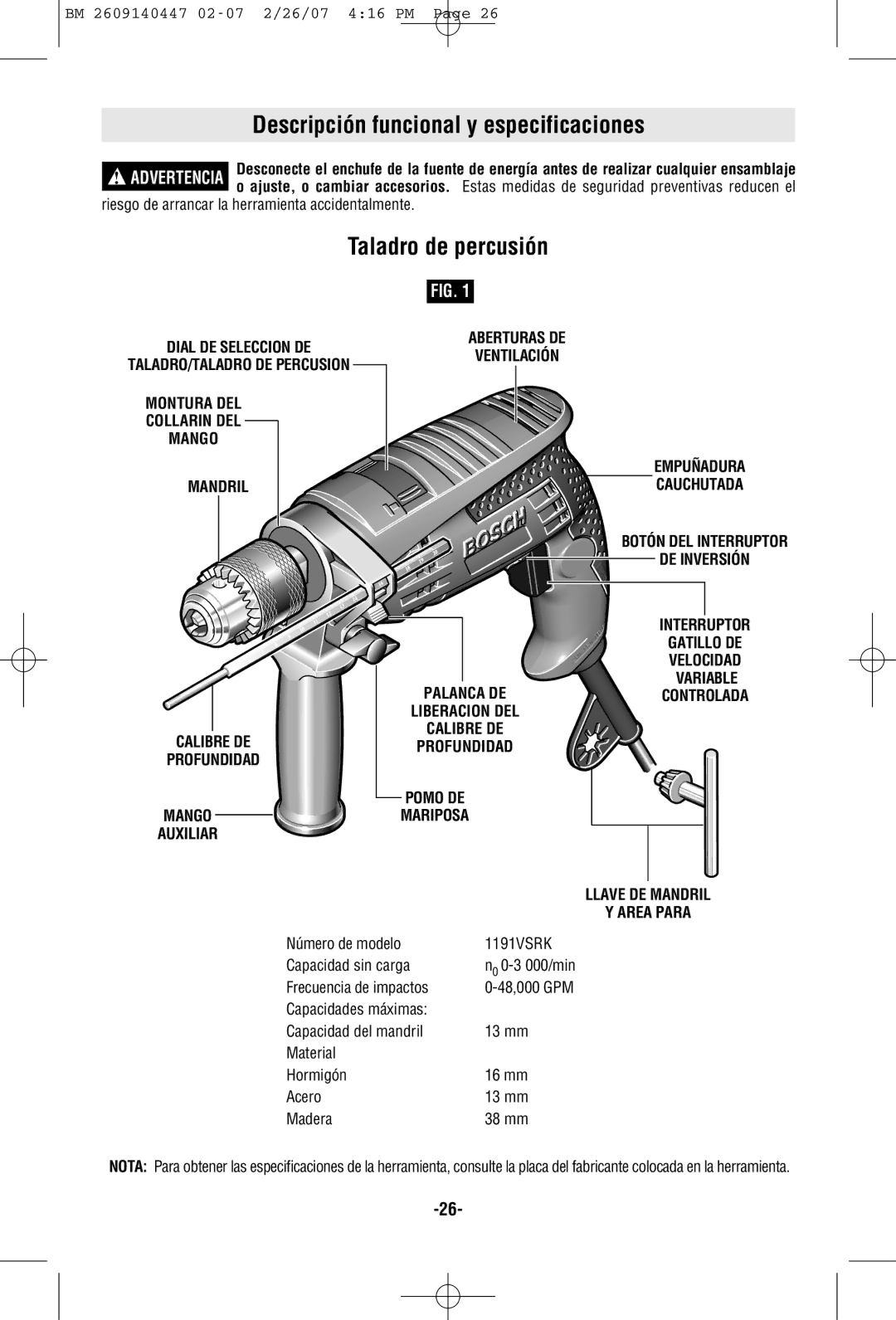 Bosch Power Tools 1191VSRK manual Descripción funcional y especificaciones, Taladro de percusión, Dial DE Seleccion DE 