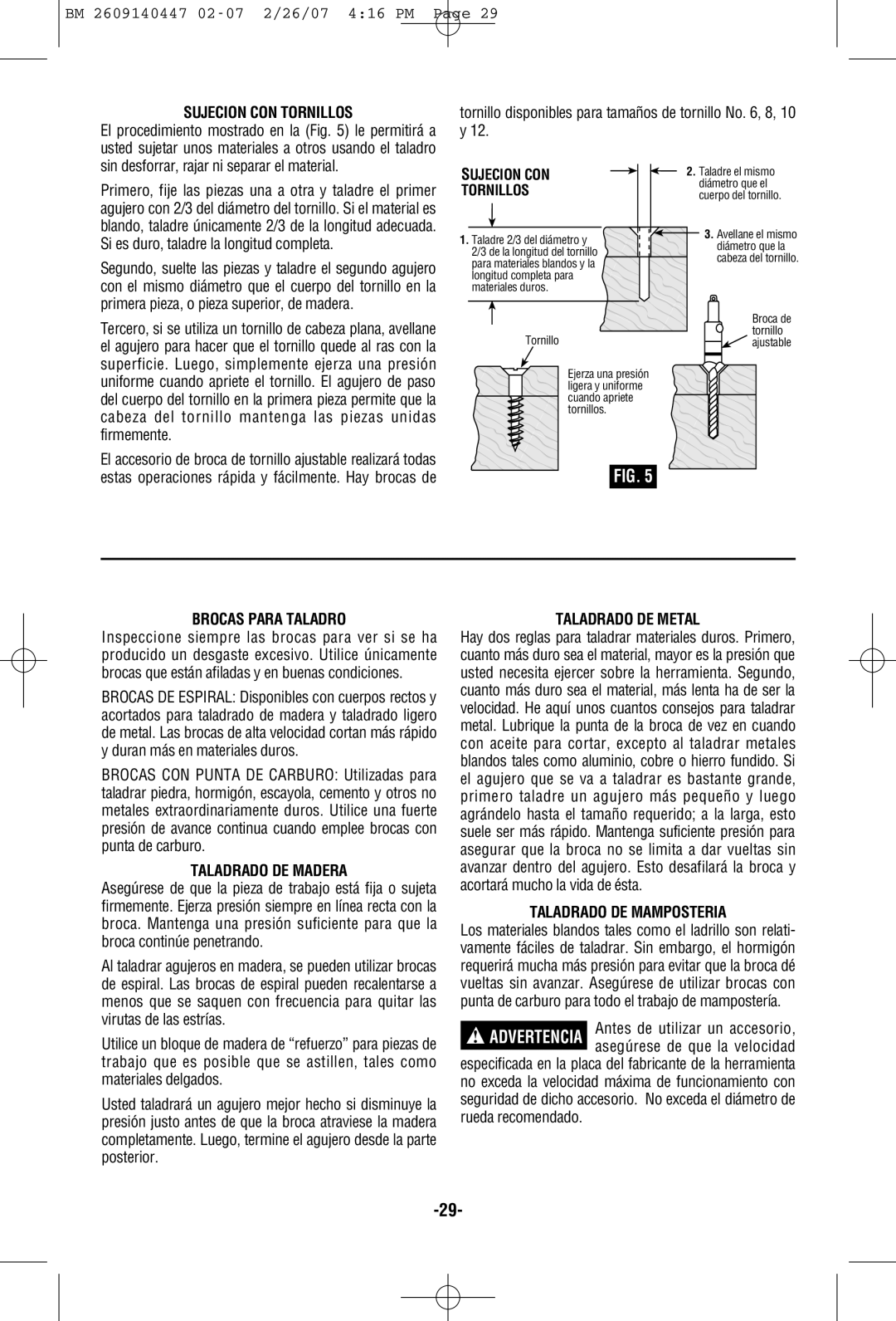 Bosch Power Tools 1191VSRK manual Sujecion CON Tornillos, Brocas Para Taladro, Taladrado DE Madera, Taladrado DE Metal 