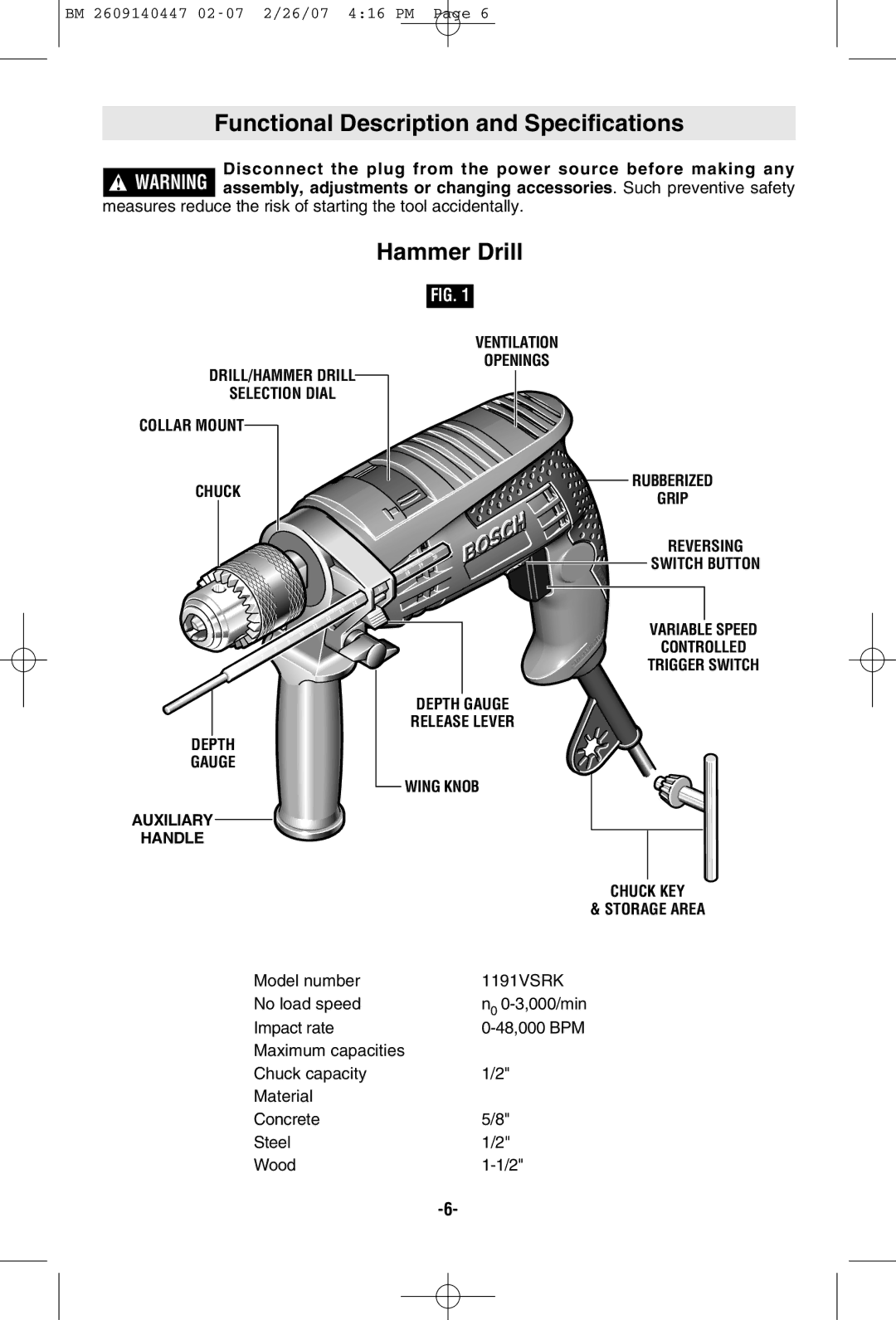 Bosch Power Tools 1191VSRK manual Functional Description and Specifications, Hammer Drill 