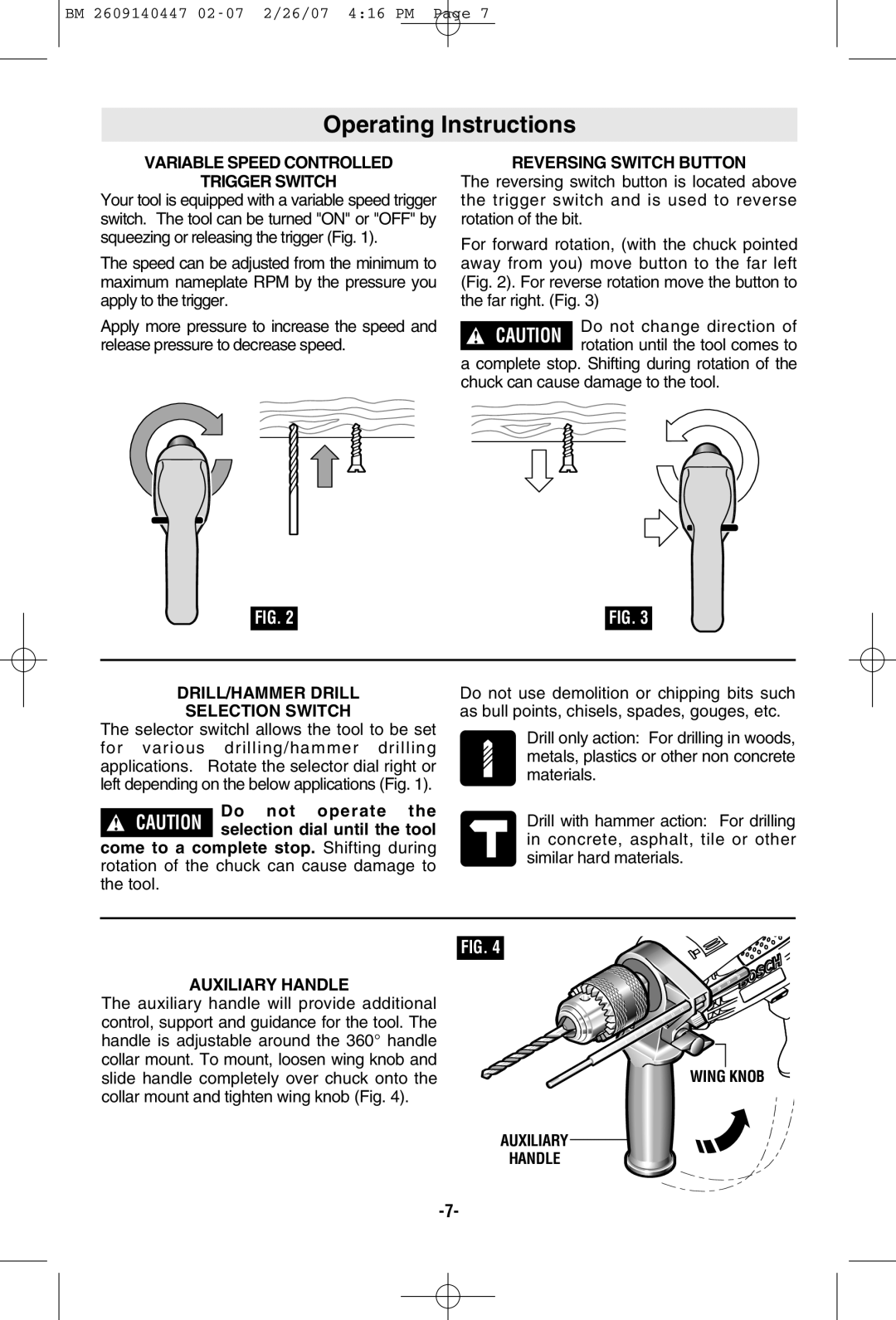 Bosch Power Tools 1191VSRK manual Operating Instructions, Variable Speed Controlled Trigger Switch, Reversing Switch Button 