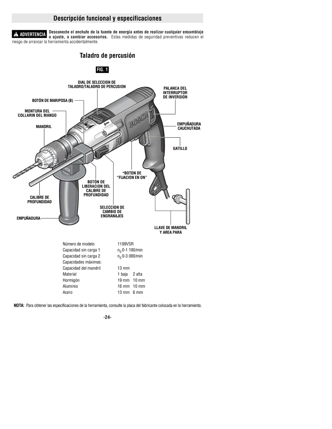 Bosch Power Tools 1199VSR manual Descripción funcional y especificaciones, Taladro de percusión, Aluminio 16 mm 