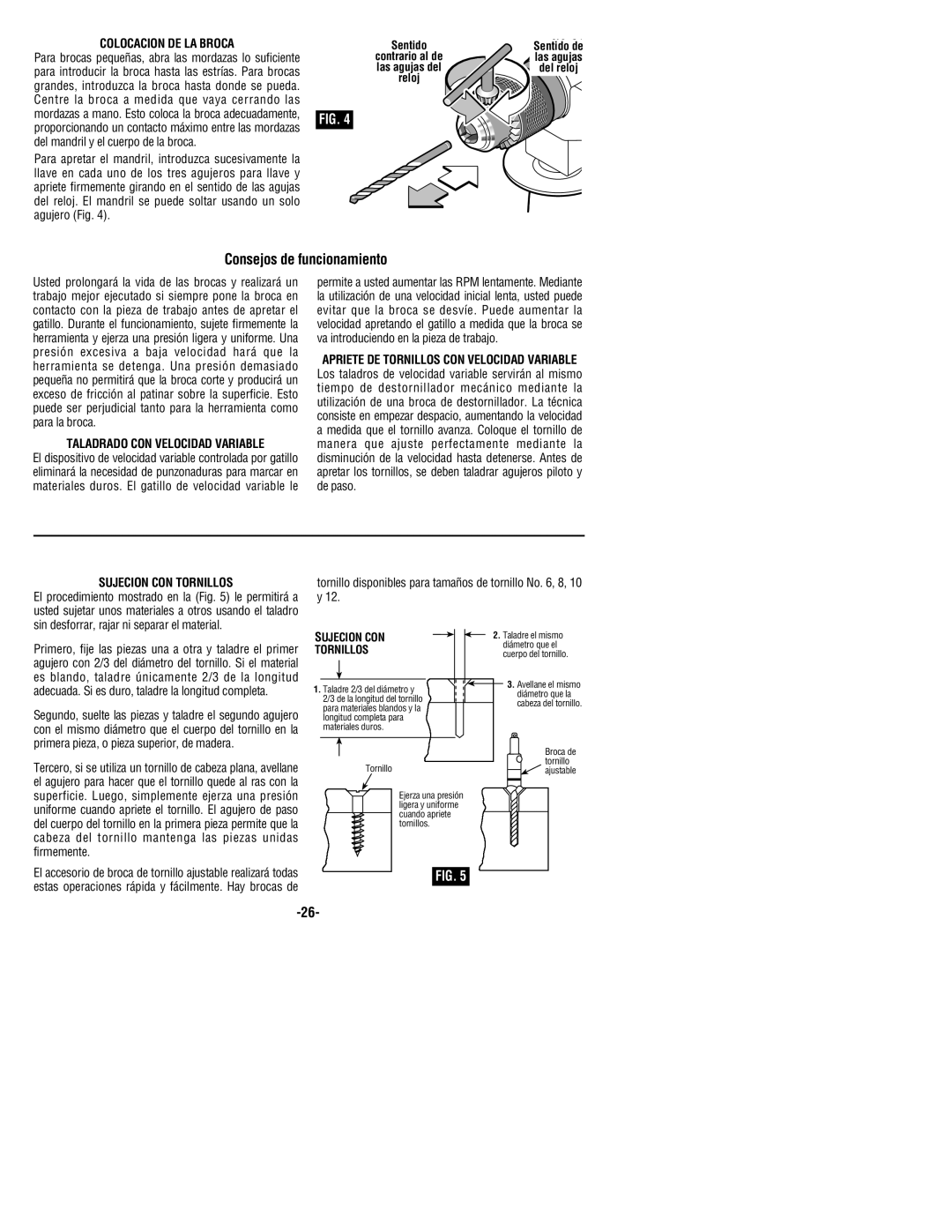 Bosch Power Tools 1199VSR manual Consejos de funcionamiento, Colocacion DE LA Broca, Taladrado CON Velocidad Variable 