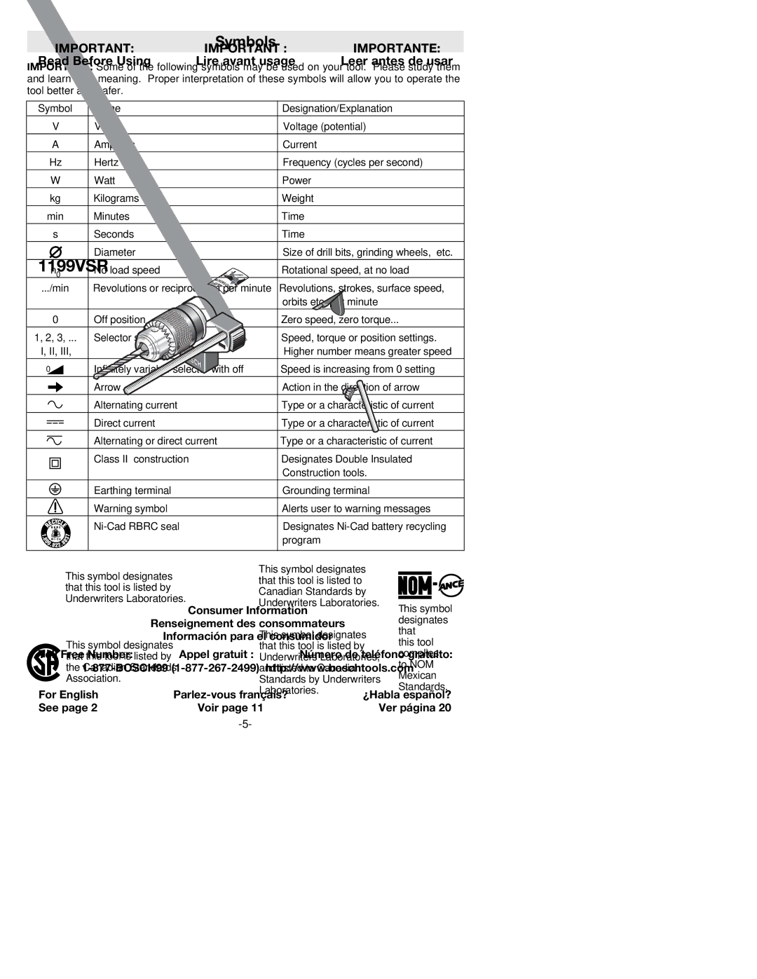 Bosch Power Tools 1199VSR manual Symbols 